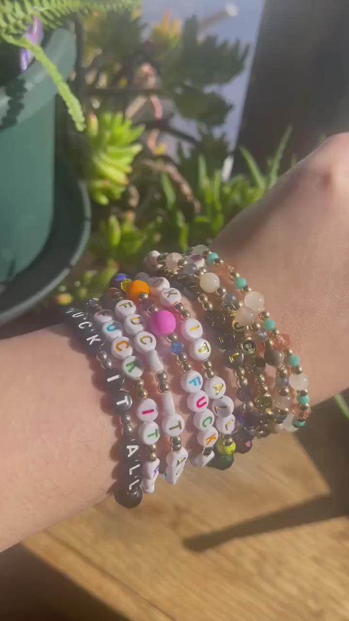 Fuck It All Bracelet – Neutral Stone Beaded Bracelet with Gold Accents, Snarky Gag Gift for Friends & Coworkers, Funny Adult Humor Jewelry