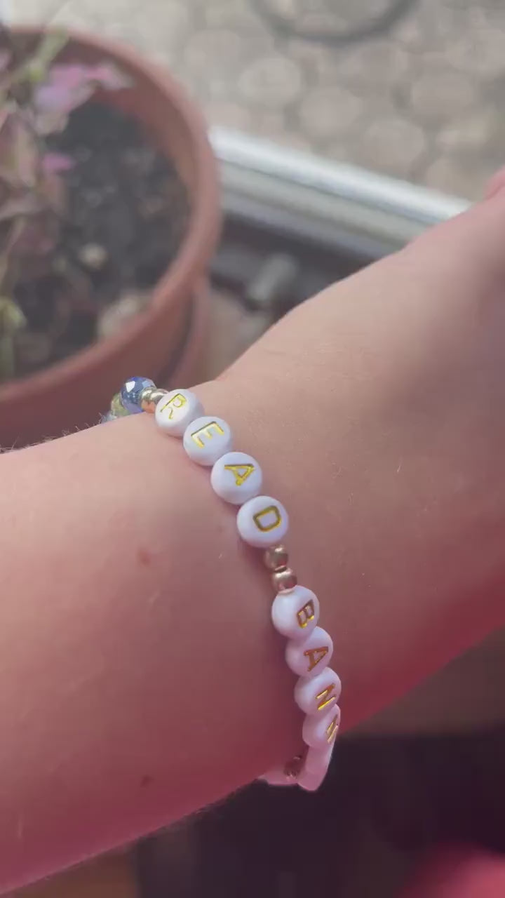 READ BANNED BOOKS Bracelet, Blue and Multicolored Crystals, 7.5 inches, elastic wristband, dainty accessories, literary activism bracelet